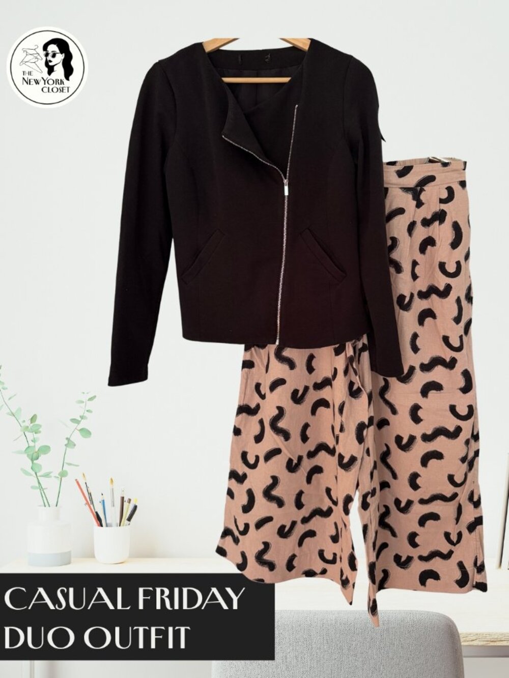 A NEW DAY | Black Moto Zip Jacket & Wide Leg Linen Pant Set | Medium
